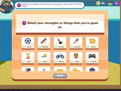 Screenshot of strengths and interests with icons such as soccer, baseball, swimming, and gaming.

