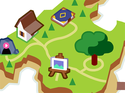 Home Island with a hovercraft and icons for a portfolio, tree, art studio, video cave, and hut.
