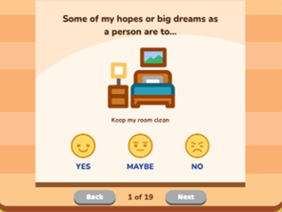 Screenshot of hopes to keep room clean with a bed and lamp, and 3 emojis to choose from (yes, maybe, and no)
