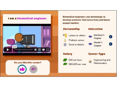Screenshot of a biomedical engineer sitting at a computer designing a prosthetic leg. Descriptions of the personality, education, salary, and career type are listed.
