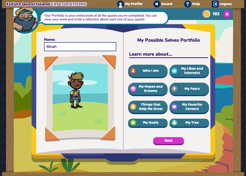 A screenshot of the portfolio with an avatar and buttons to who I am, my likes and interests, my hopes and dreams, my fears, things that help me grow, my favorite careers, my goals, my tree 