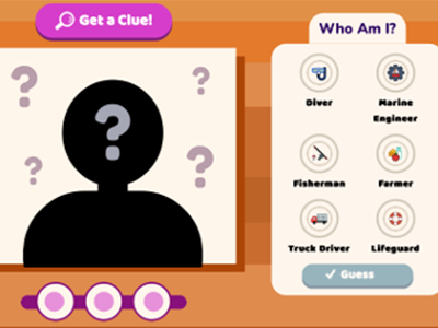 Guess the career game with a get a clue button and shadowed person. There is a who am I section with six choices for engineering careers.
