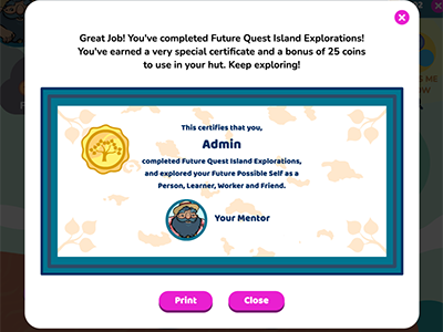 A screenshot of the certificate of completion for the FQI-E game.
