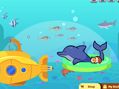 A screenshot of an underwater room in the hut on FQI-E with a submarine, fish, and a dolphin.
